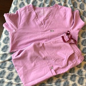 Large scrub top with medium petite pants